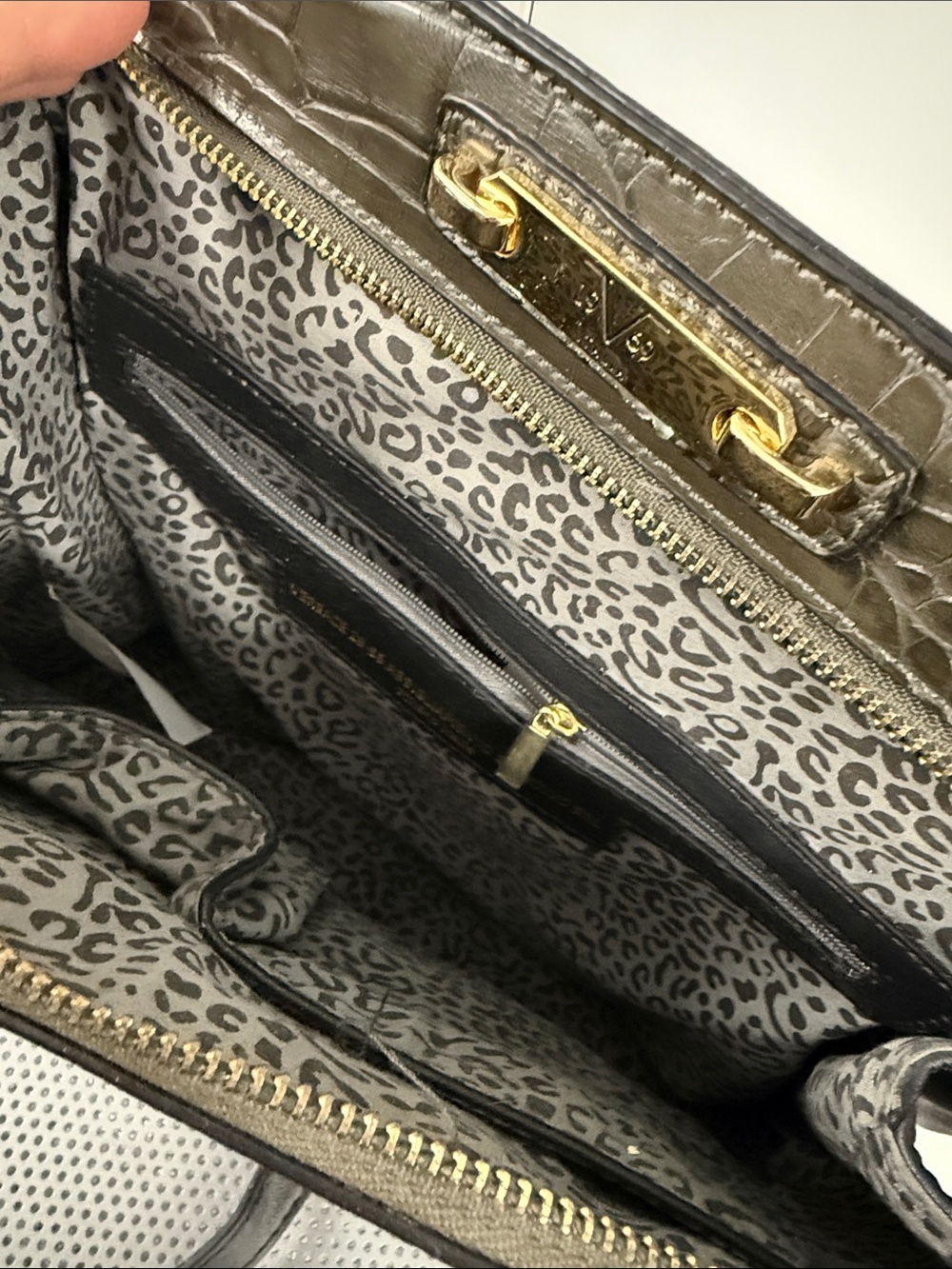 Versace 1969 Elegant Olive Green Crocodile-Embossed Women's Bag. Flat Black Back
